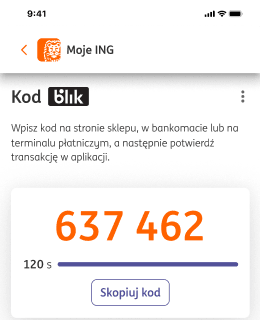 Ekran z aplikacji Moje ING, na którym widać wygenerowany kod BLIK