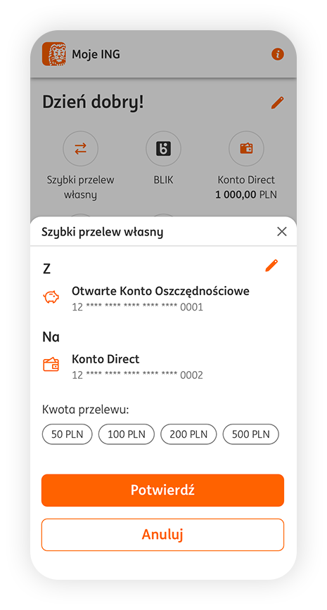 Ekran aplikacji z opcją szybkiego przelewu własnego. Do wyboru kwoty 50, 100, 200 i 500 złotych. Poniżej przycisk potwierdź i anuluj