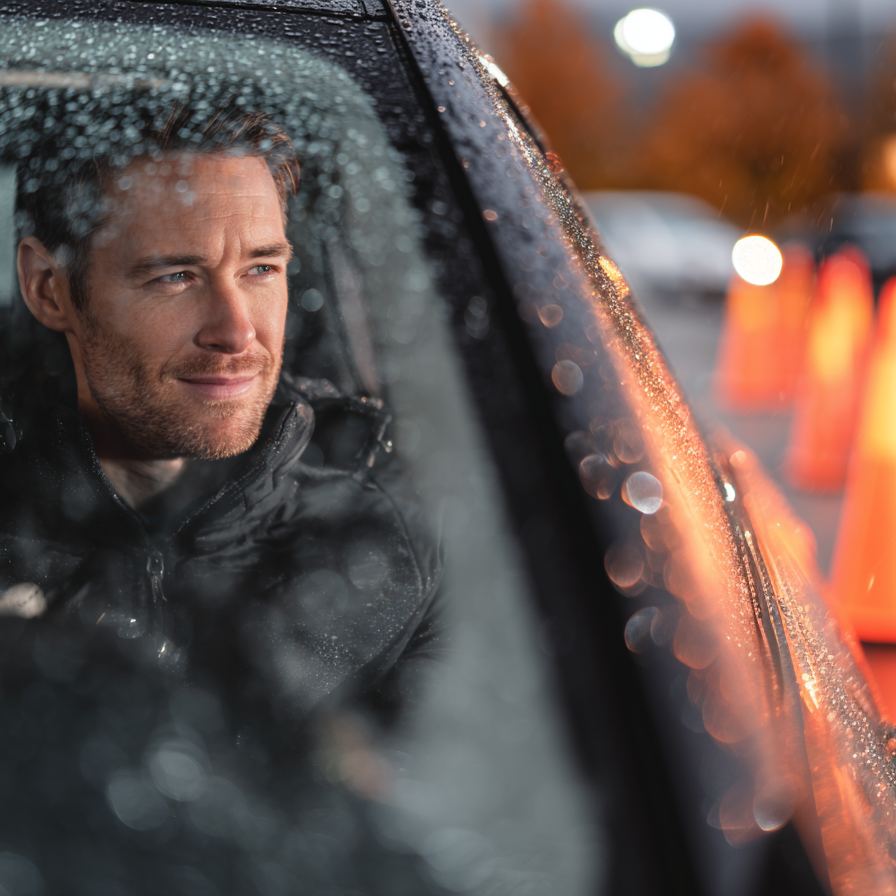 Mężczyzna w samochodzie na torze do nauki jazdy