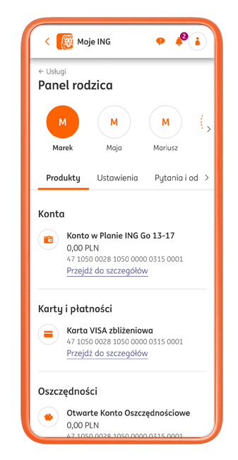 Ekran telefonu po zalogowaniu do Mojego ING. Panel rodzica z podglądem kont dzieci