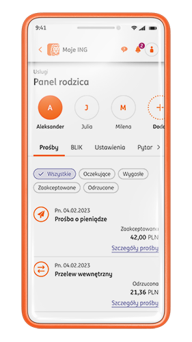 Ekran telefonu po zalogowaniu do Mojego ING. Panel rodzica z podglądem kont dzieci
